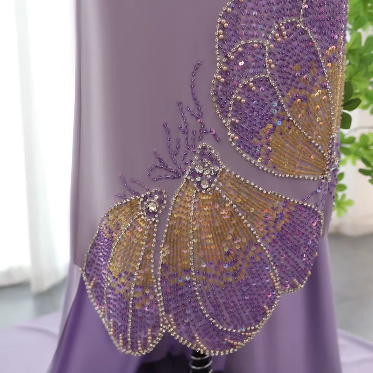 Elegant Fitted Gown with Beaded Butterfly Detail