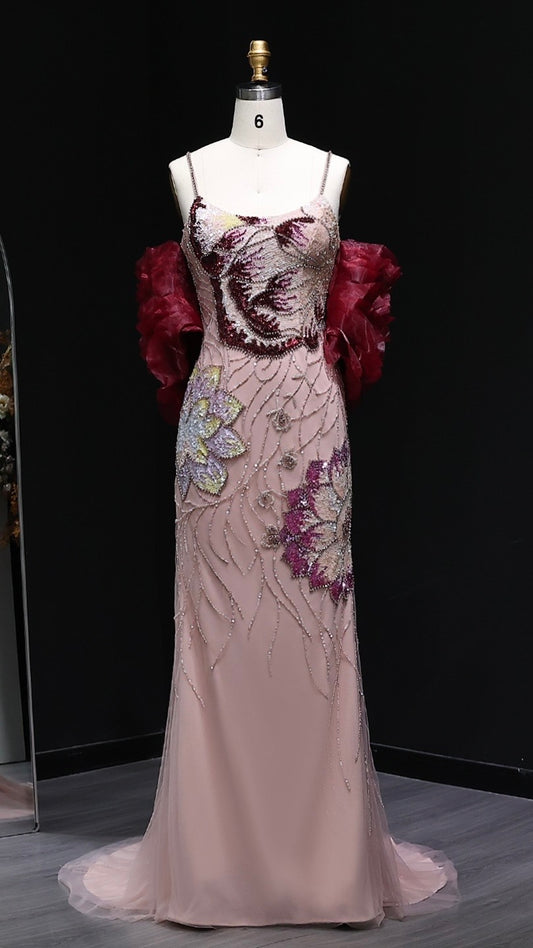 Pink Beaded Gown with Floral Embroidery and Burgundy Shoulder Shawl