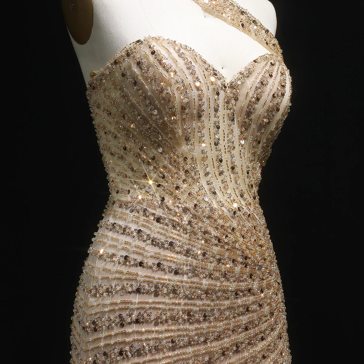 “Golden Flare” Gown Sculpted Sparkle with Luxe Beading