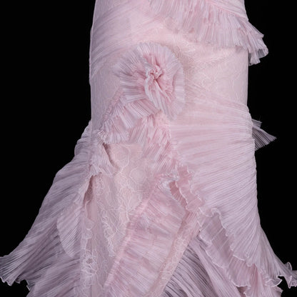 Blush Pink Halter Gown with Pleated Ruffled Cascades & Lace