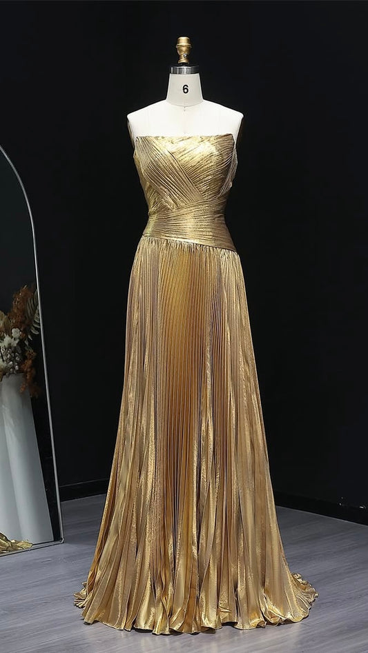 “Gleaming Gold” Gown – Strapless Metallic Pleated Dress with Sculpted Corset Bodice