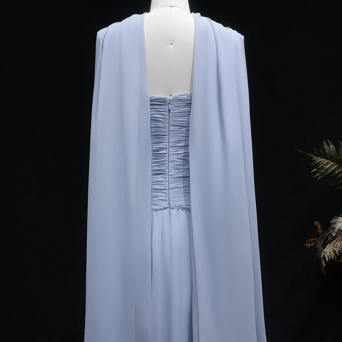 Dusty Blue One-Shoulder Chiffon Gown with Ruched Bodice & Crystal Brooch