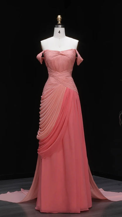 Coral Pink Off-the-Shoulder Chiffon Gown with Cascading Draping & Train