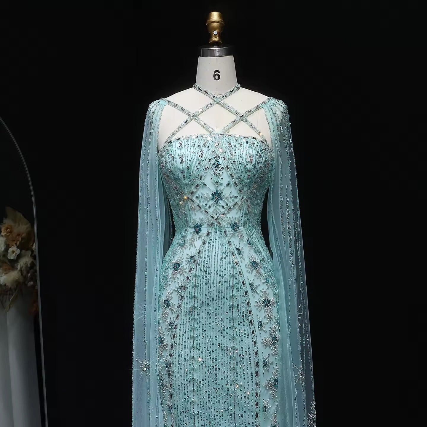 Elegant Beaded Gown with Open Sleeves and Crystal Detailing