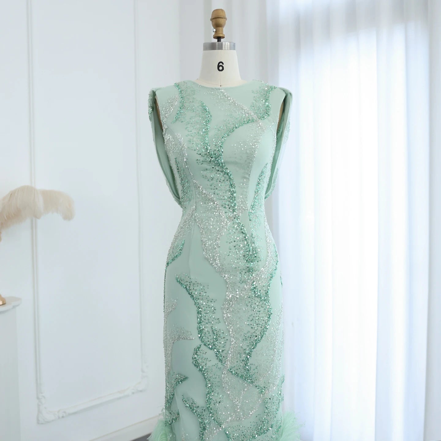 Luxury Feathers Sage Green Elegnt Evening Dress