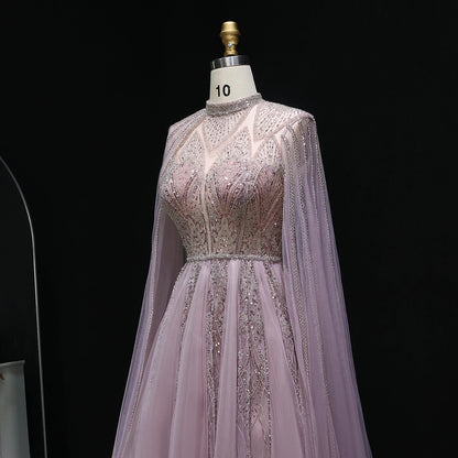 Luxury Evening Dress with Cape Sleeves Brown