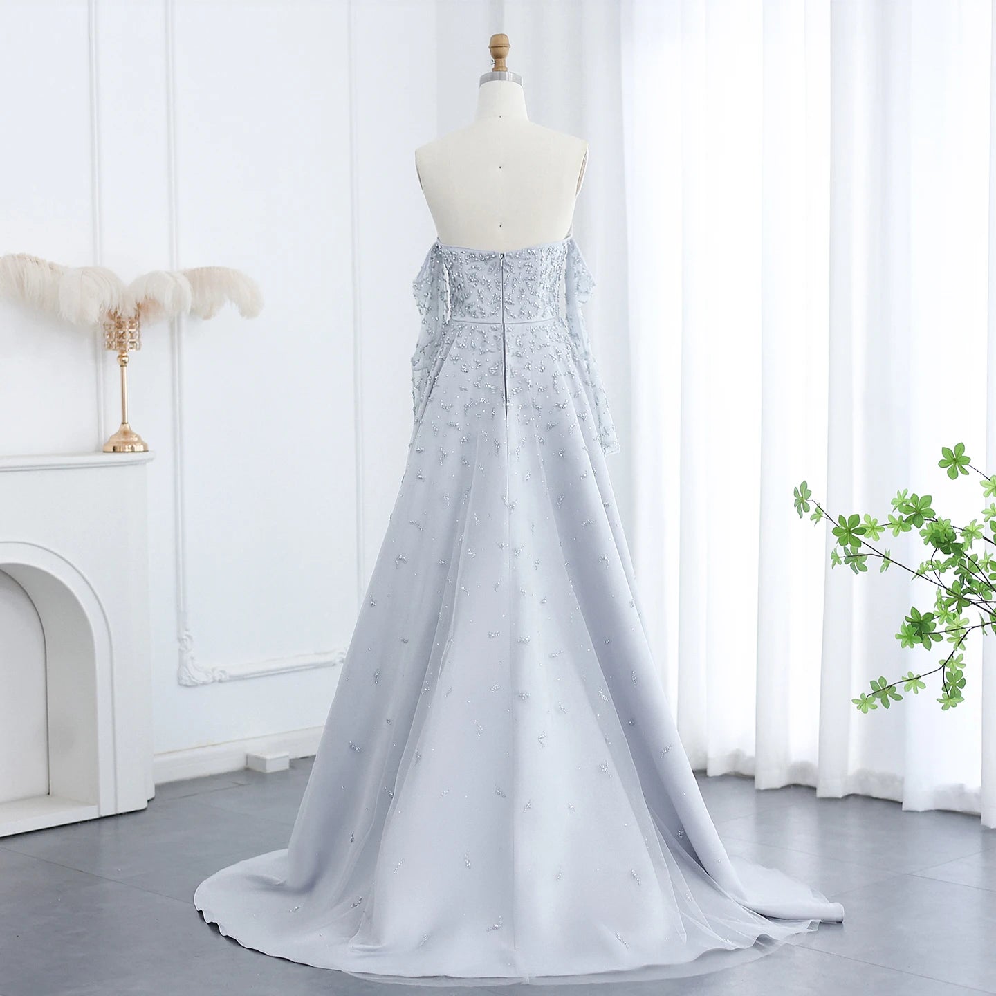 Silver Gray Luxury Evening Dress with Overskirt