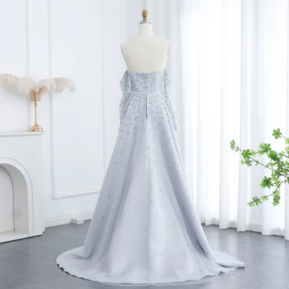 Silver Gray Luxury Evening Dress with Overskirt