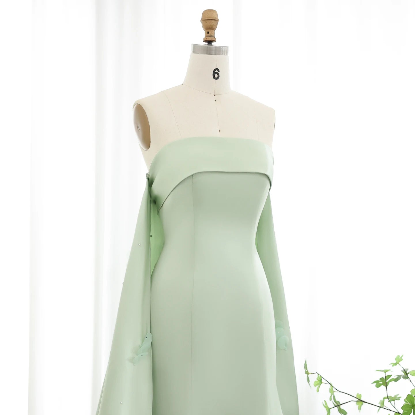 Luxury Crystal 3D flower Sage Green Evening Dress with Cape ns