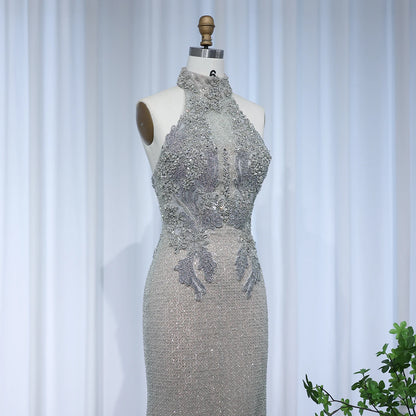 Halter Silver Nude Beaded Luxury Evening Dress