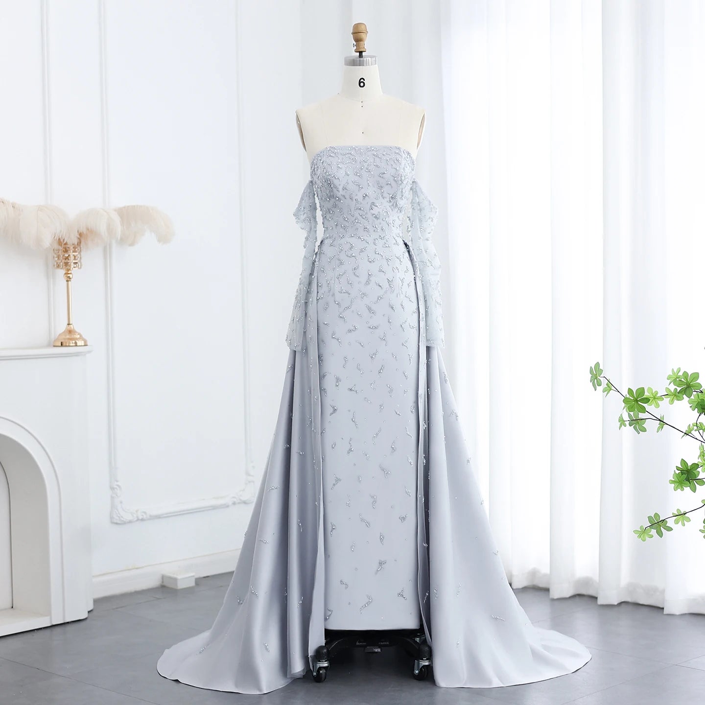 Silver Gray Luxury Evening Dress with Overskirt