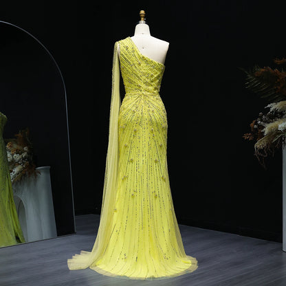 Radiant One-Shoulder Beaded Evening Gown – Elegant Slit Formal Dress