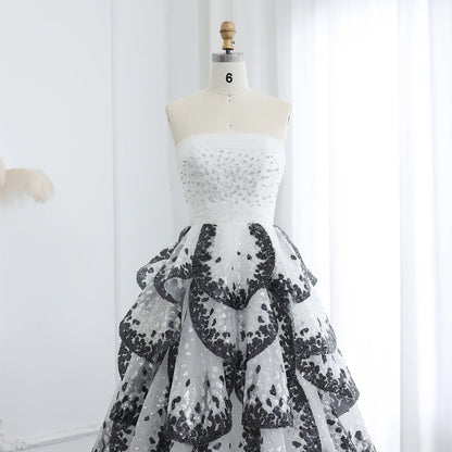 Luxury Black and White Ball Gown Ruffles Evening Dress