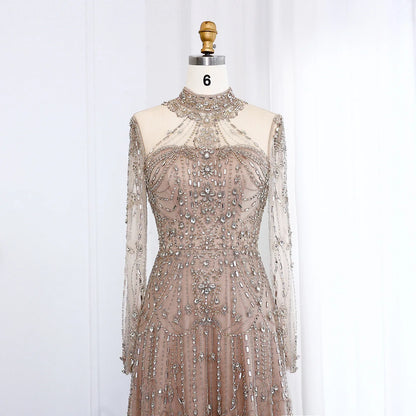 Blue Long Sleeves High Neck Luxury Evening Dress