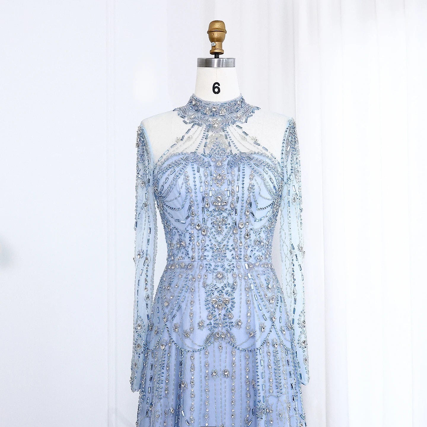 Blue Long Sleeves High Neck Luxury Evening Dress