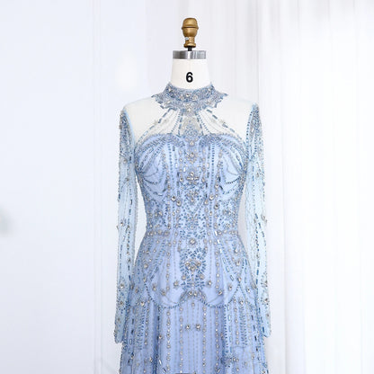 Blue Long Sleeves High Neck Luxury Evening Dress