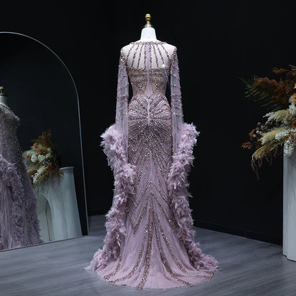 Luxury Caramel Beaded Mermaid Evening Dress with Feather Cape Sleeves