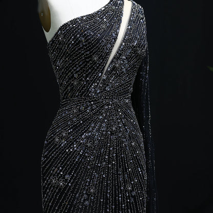 Radiant One-Shoulder Beaded Evening Gown – Elegant Slit Formal Dress