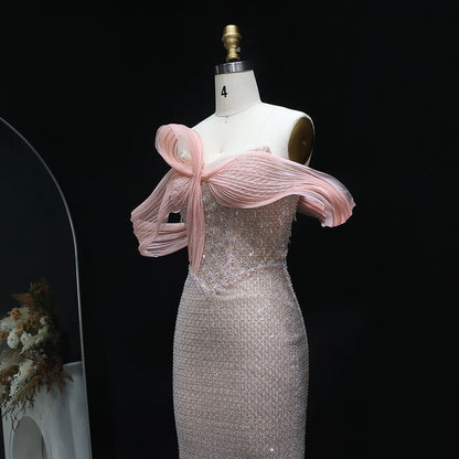 Luxury Off Shoulder Blush Pink Chic Evening Dress