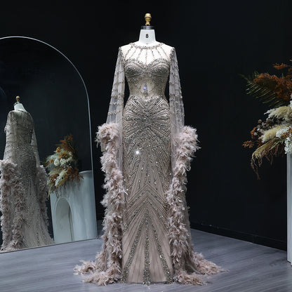 Luxury Caramel Beaded Mermaid Evening Dress with Feather Cape Sleeves