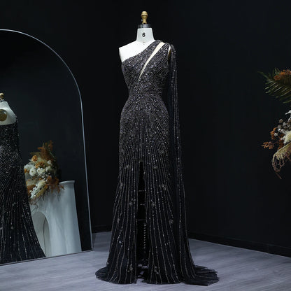 Radiant One-Shoulder Beaded Evening Gown – Elegant Slit Formal Dress