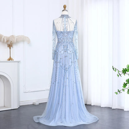Blue Long Sleeves High Neck Luxury Evening Dress