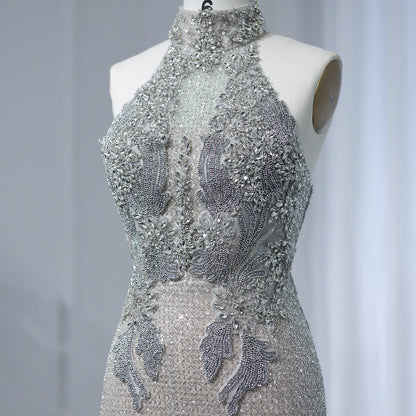 Halter Silver Nude Beaded Luxury Evening Dress