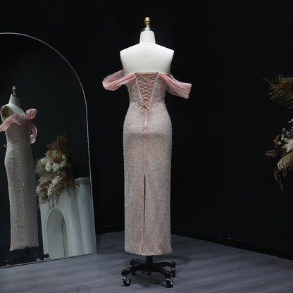 Luxury Off Shoulder Blush Pink Chic Evening Dress