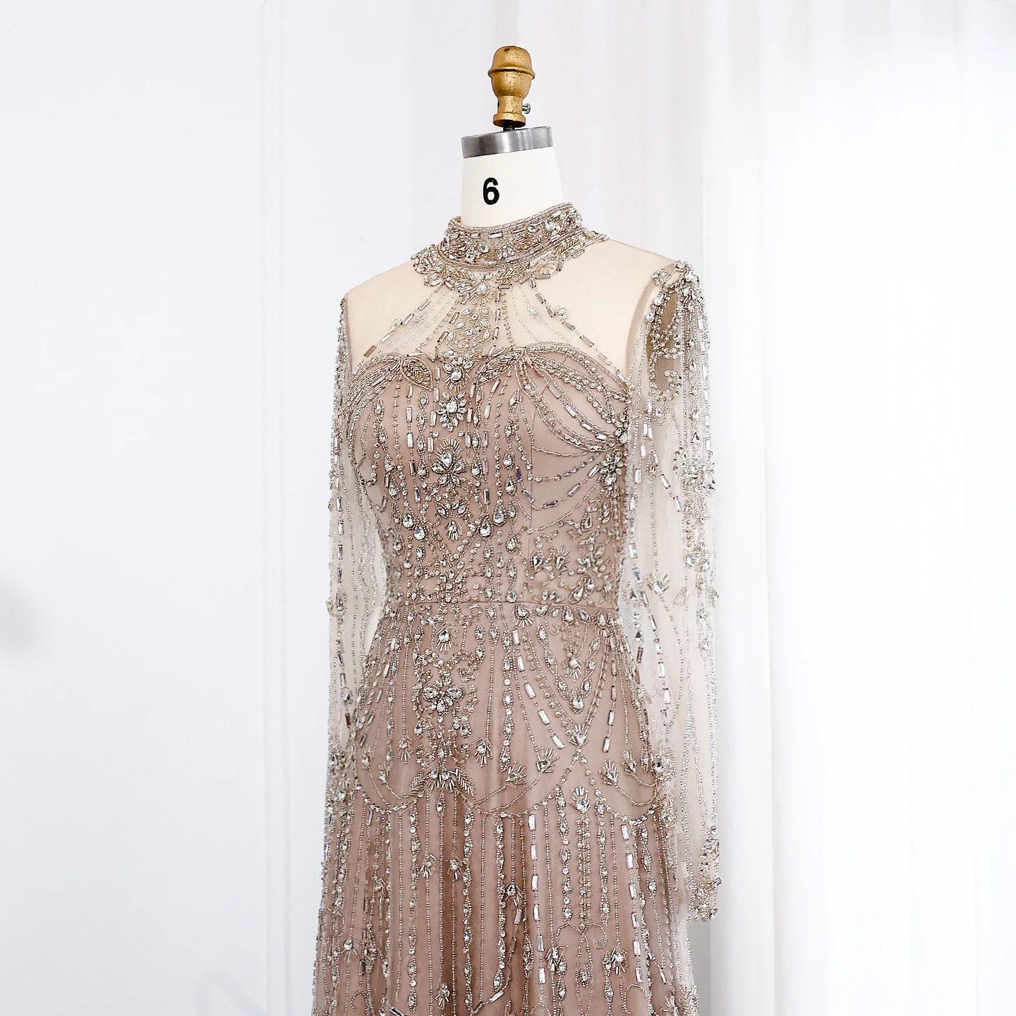 Blue Long Sleeves High Neck Luxury Evening Dress
