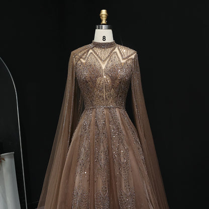 Luxury Evening Dress with Cape Sleeves Brown