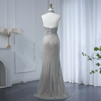 Halter Silver Nude Beaded Luxury Evening Dress