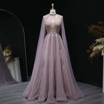 Luxury Evening Dress with Cape Sleeves Brown