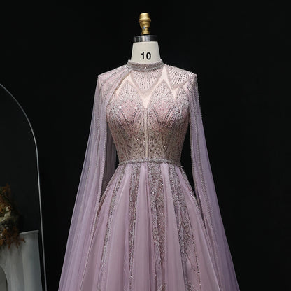 Luxury Evening Dress with Cape Sleeves Brown