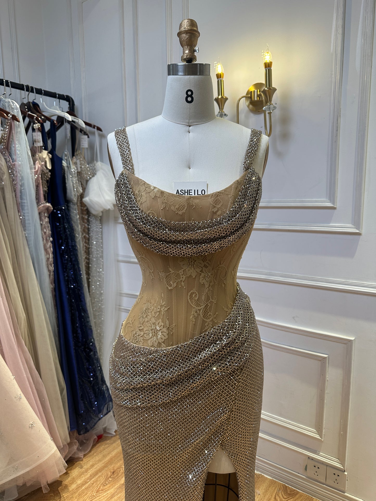 Elegant Beige Evening Dress with Shimmering Crystal Wrap and High Slit