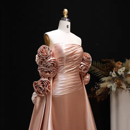 “Blush Garden” Gown – 3D Floral Details & Royal Long Satin Flow