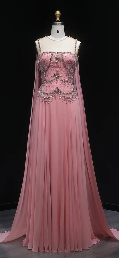 Dusty Rose Pleated Chiffon Gown with Chandelier Beading