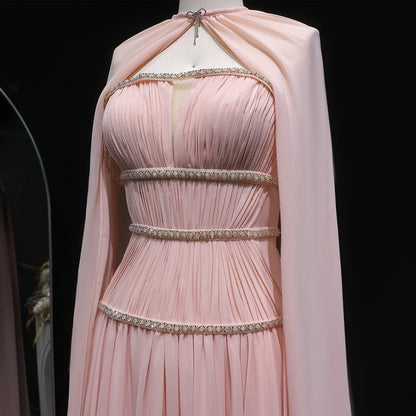 Crystal-Trimmed Cape Evening Dress