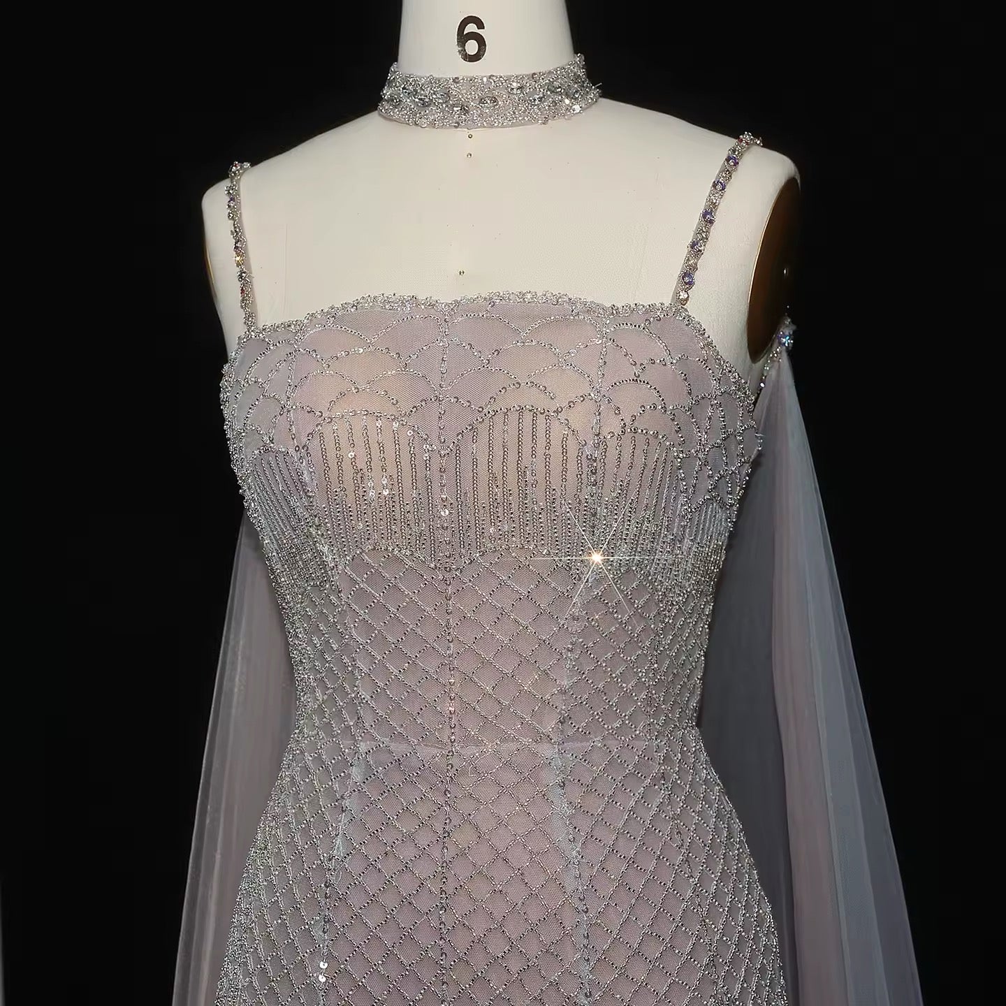 Elegant Beaded Lotus Pink Mermaid Evening Gown with Sheer Cape