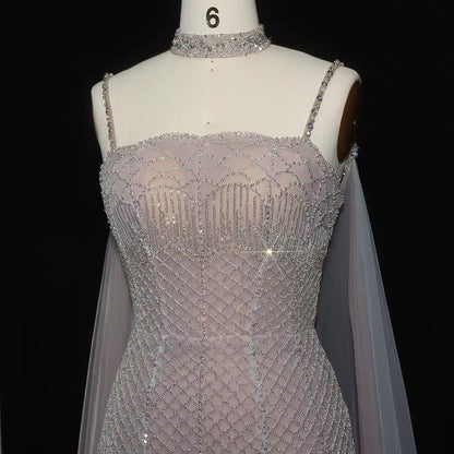 Elegant Beaded Lotus Pink Mermaid Evening Gown with Sheer Cape