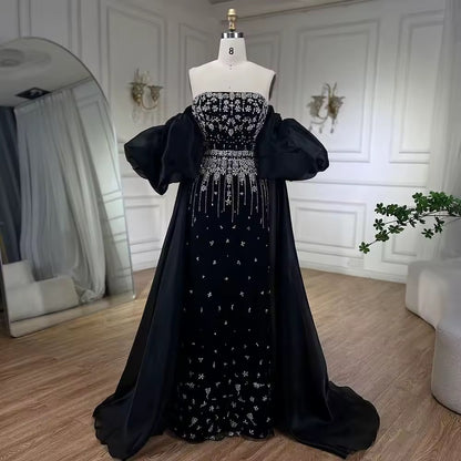 Black Puff Sleeves Evening Dress Gowns Beaded