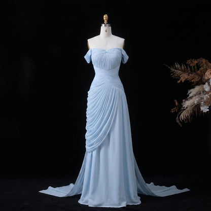 Coral Pink Off-the-Shoulder Chiffon Gown with Cascading Draping & Train