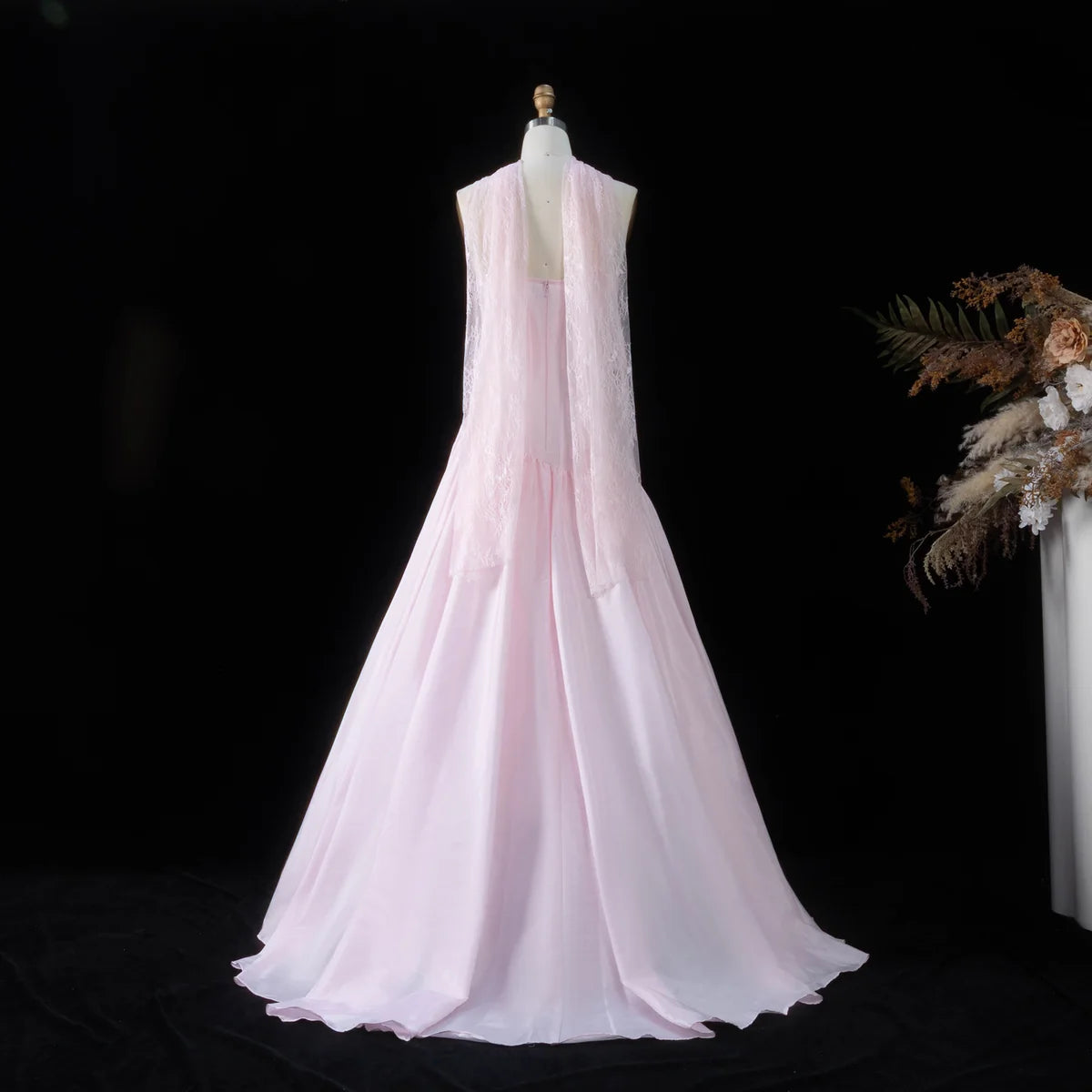 Baby Pink Corset Ball Gown with Asymmetrical Waist & Lace Scarf