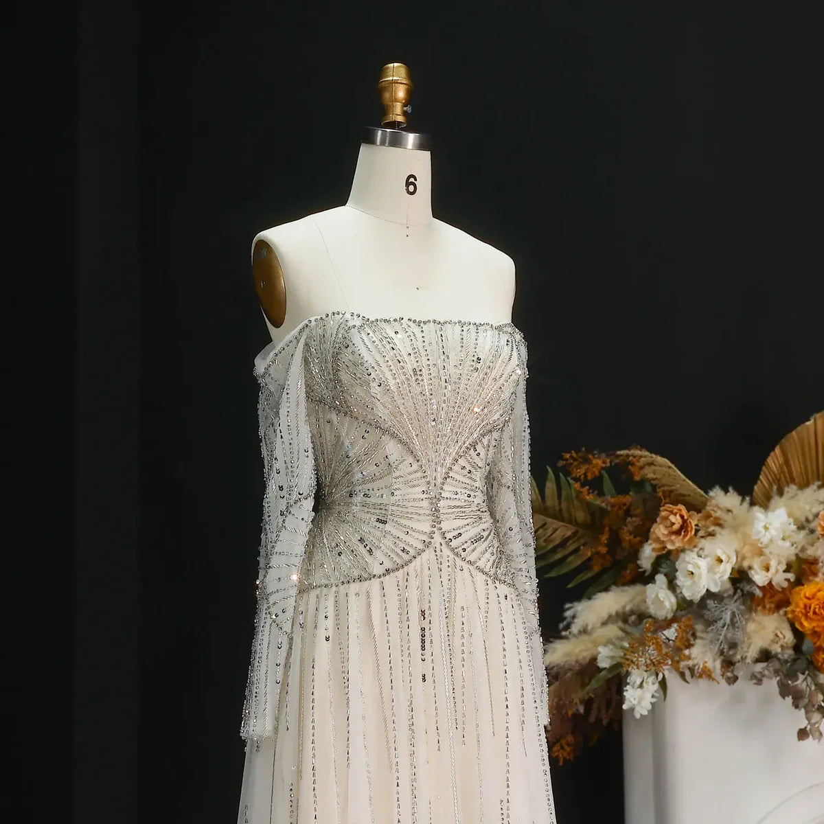 Luxury Off-the-Shoulder Gown with Radiating Linear Crystal Embroidery