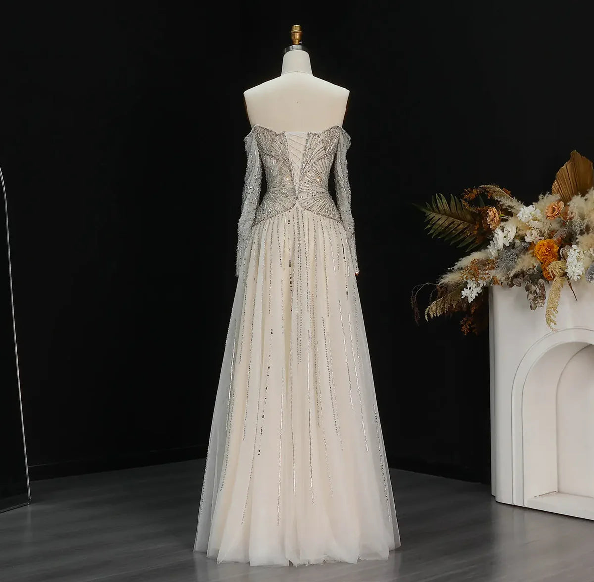 Luxury Off-the-Shoulder Gown with Radiating Linear Crystal Embroidery