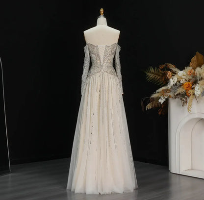 Luxury Off-the-Shoulder Gown with Radiating Linear Crystal Embroidery