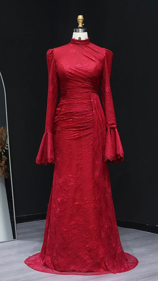 Burgundy High Neck Evening Dress with Lace Long Flare Sleeves