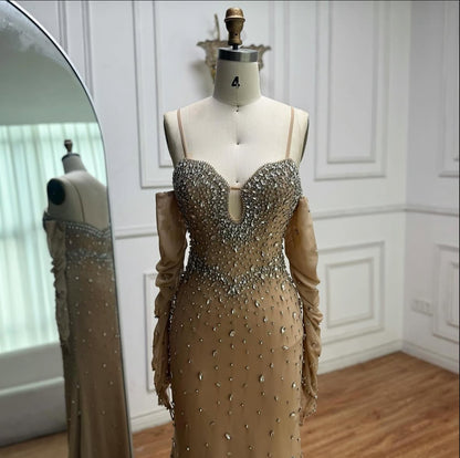Beige Fully Embellished Evening Gown with Matching Gloves