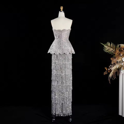 Silver Crystal-Embellished Peplum Fringe Gown