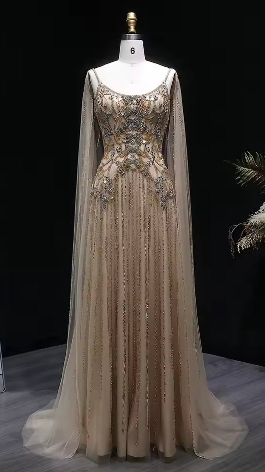 Luxury Champagne Crystal Evening Gown with Sheer Cape