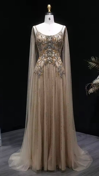 Luxury Champagne Crystal Evening Gown with Sheer Cape